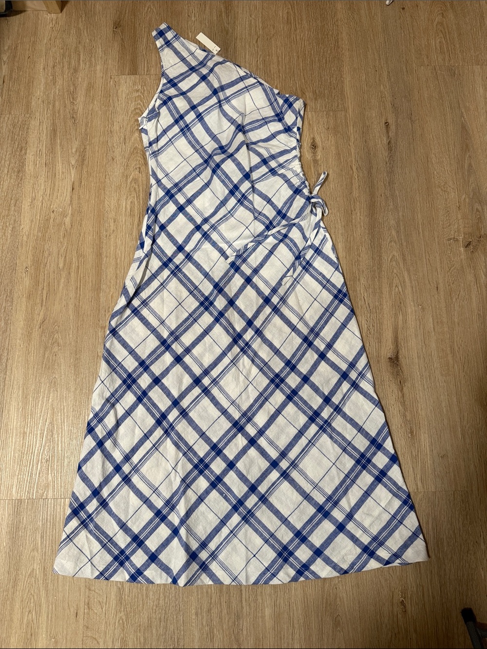 Madewell Blue and White One-Shoulder Wrap Dress